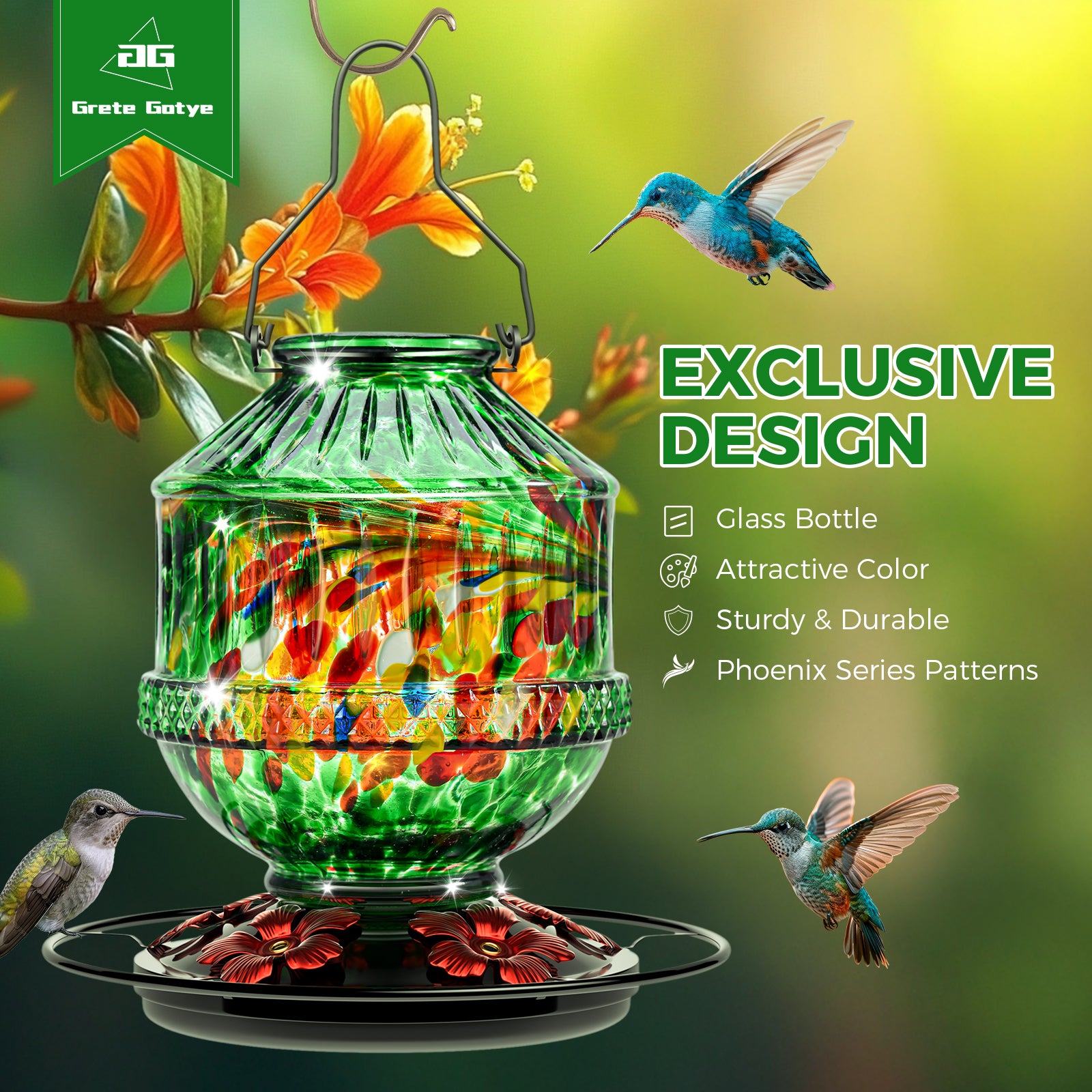 Grete Gotye Blown Glass Hummingbird Feeders for Outdoors