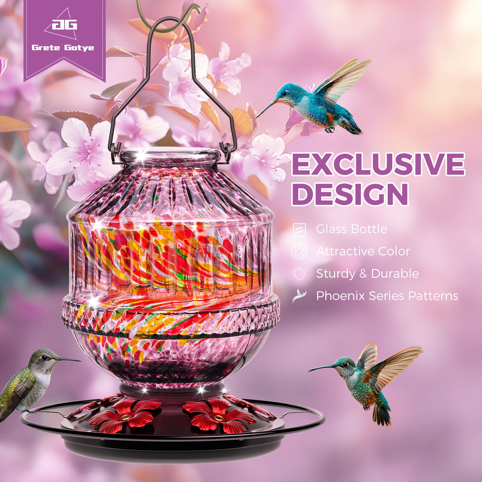 Grete Gotye Blown Glass Hummingbird Feeders for Outdoors